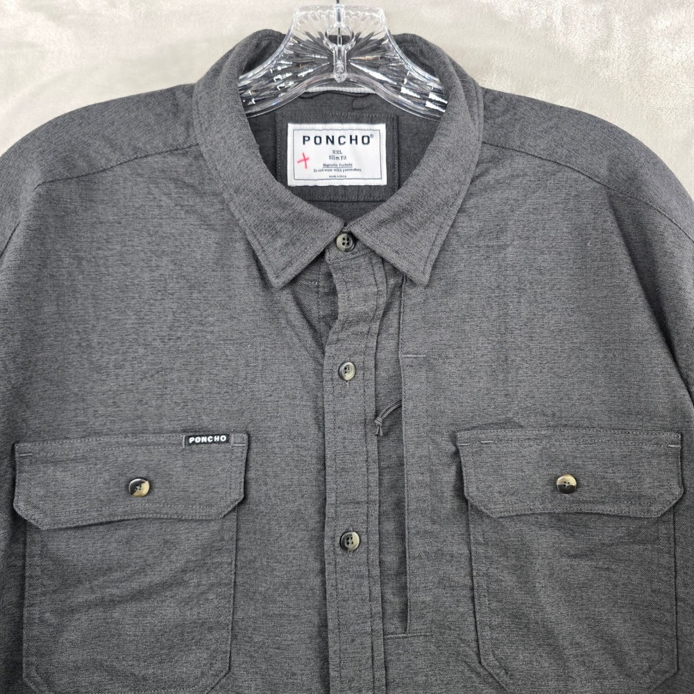 Poncho Flannel Shirt Mens XXL Gray Slim Fit Magnetic Pockets Long Sleeve **